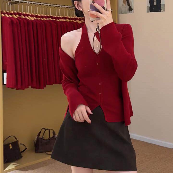 MONLOUVE入秋穿搭一整套红色针织开衫外套挂脖吊带背心上衣两件套