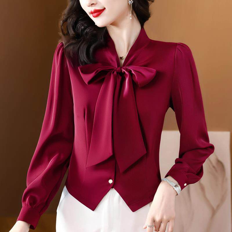 MONLOUVE高级感长袖衬衫女秋季新款时尚气质飘带衬衣洋气短款上衣