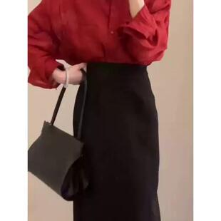 MONLOUVE法式红色衬衫连衣裙子女秋季2025新款小个子气质长裙穿搭