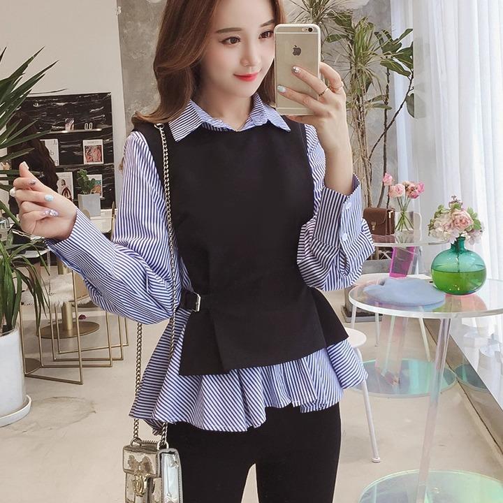 MONLOUVE马甲衬衫两件套上衣女装2025秋季新款条纹长袖chic韩范衬