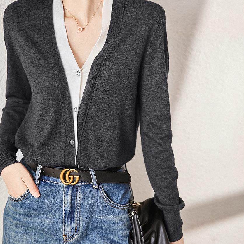 MONLOUVE简约高级感绵针织衫女秋冬舒适保暖假两件叠领撞色小开衫