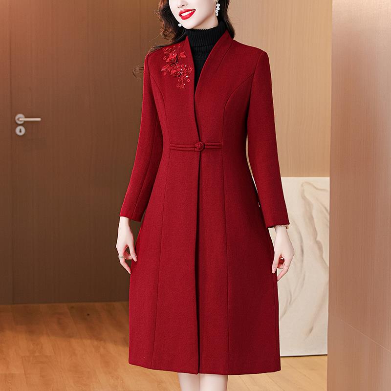 MONLOUVE新中式红色外套女妈妈中长款大码加厚高级感气质呢子大衣