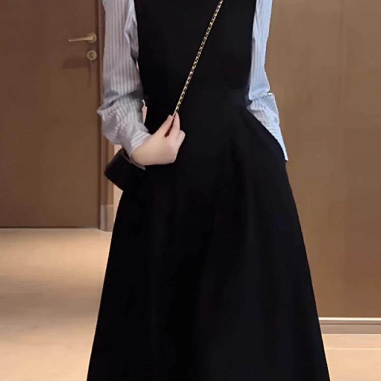 MONLOUVE法式气质假两件长袖连衣裙女春秋2025新款高级感黑色长裙