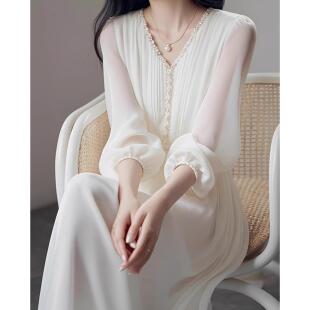 MONLOUVE高级感白色雪纺连衣裙女2025年春季新款轻奢小众设计感中