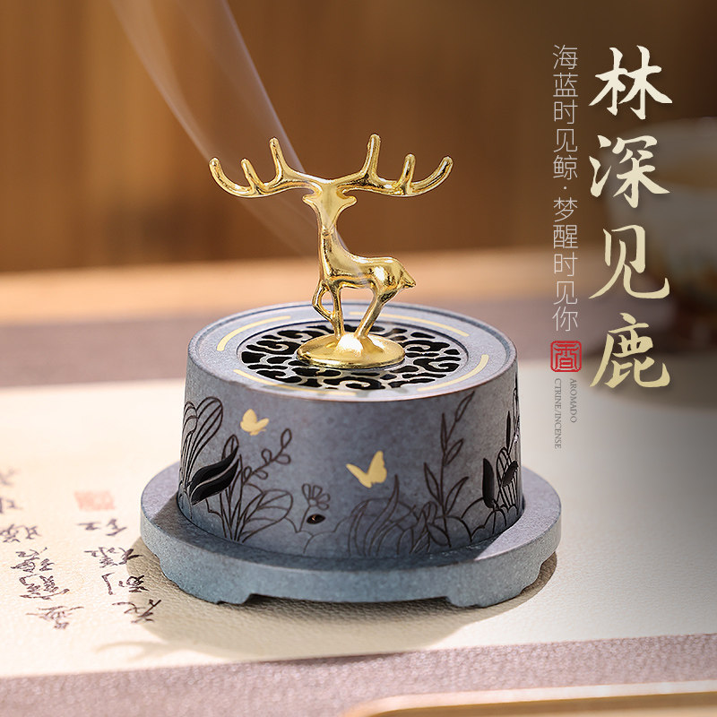 金鹿铜香炉烧蓝盘香炉沉香檀香熏香炉家用室内禅意仿古香薰炉摆件