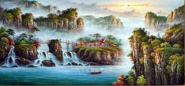 客厅酒店别墅装饰画配画山水油画河流山l峰手绘风景油画日出