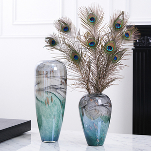 现代长格玻璃水墨画花瓶艺术摆件玄关餐桌装 饰客厅插花花器样板间