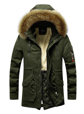 winter warm jacket men Long coat fur hood cotton加绒保暖夹克