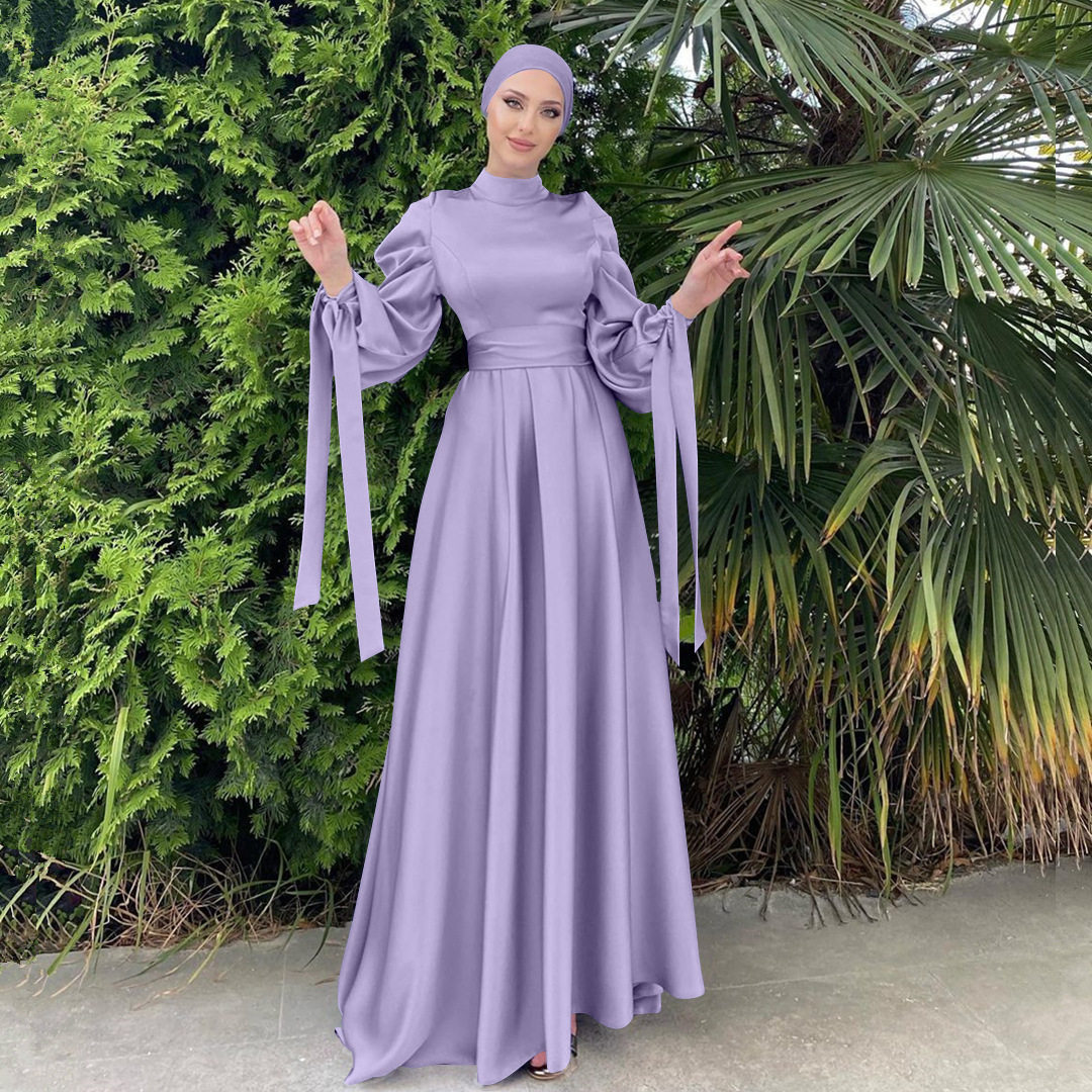 马来西亚民族风迪拜沙特长袖高腰圆领纯色长裙女Arab women dress