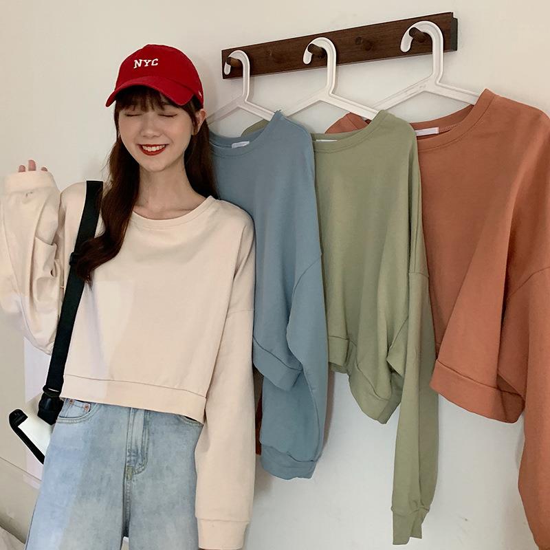 简遇luck品质女装6535棉宽松薄款卫衣女秋冬休闲短款圆领纯色长袖