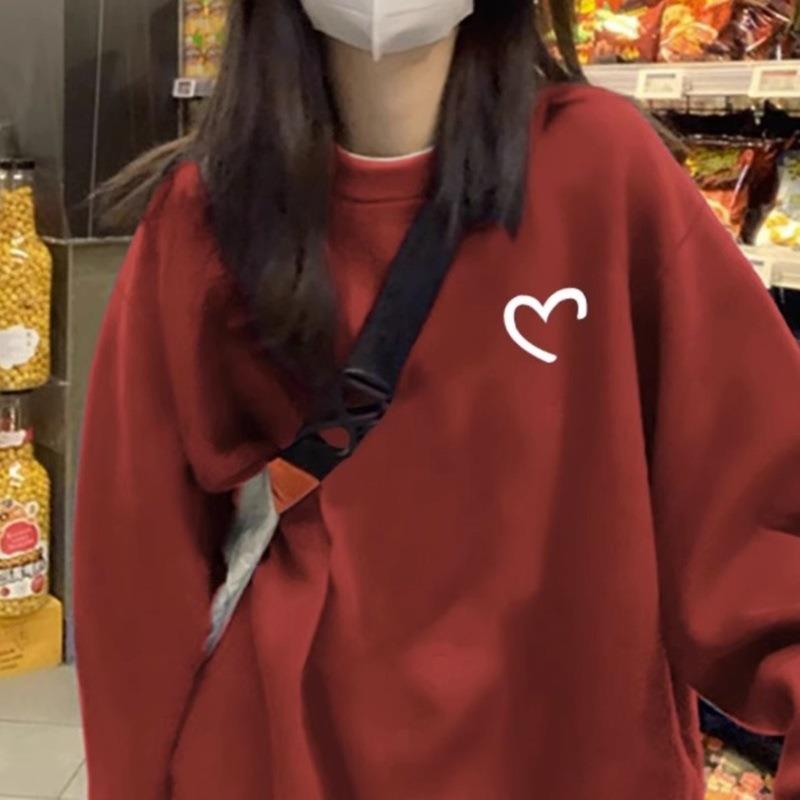 简遇luck品质女装加绒宽松休闲卫衣女秋冬外套爱心圆领长袖打底衫