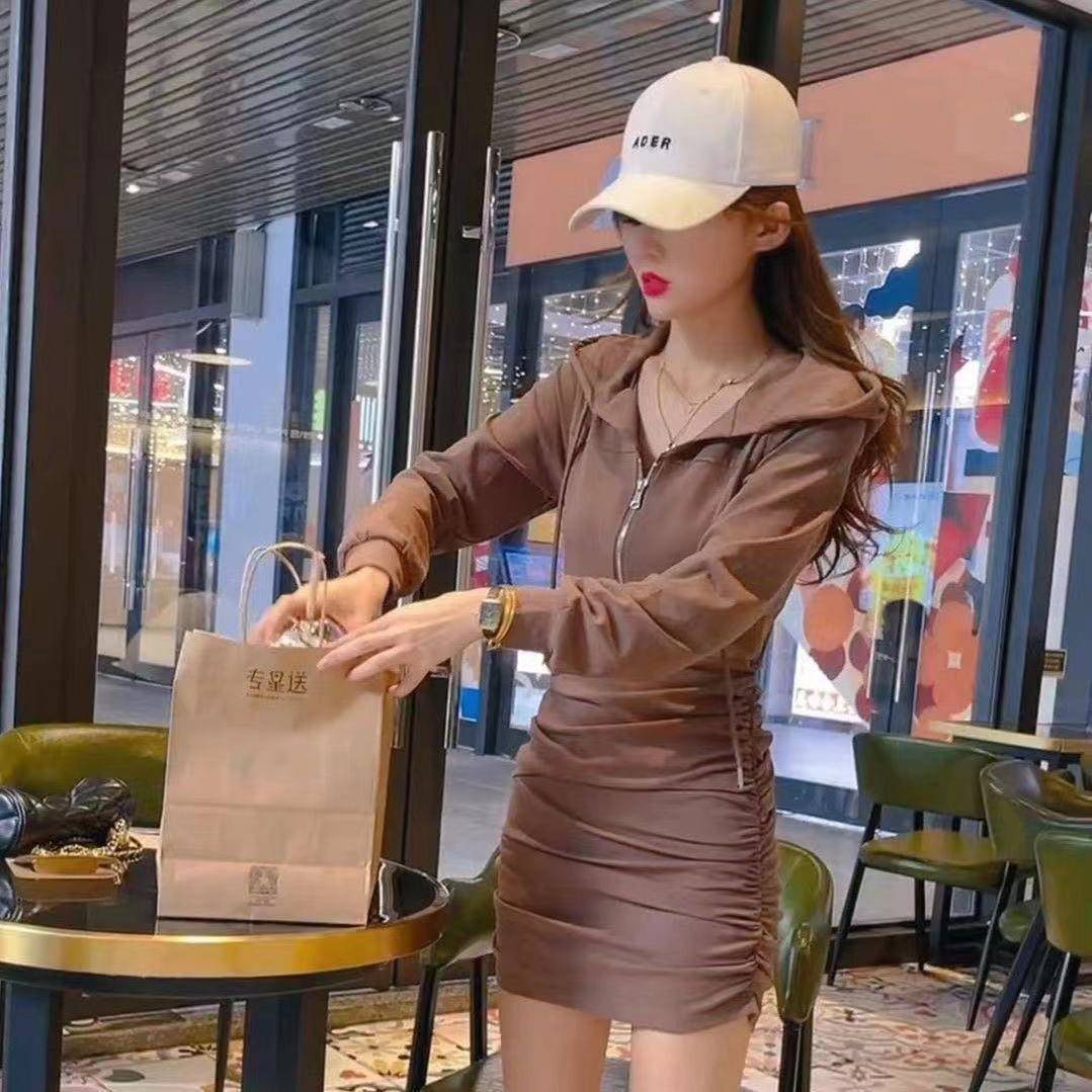 简遇luck品质女装春秋新款连帽卫衣裙女神范紧身御姐包臀连衣裙气