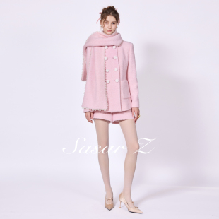 SasarZ蕾丝珠边装饰双排扣围巾大衣亮丝廓形短裤（预售15天）