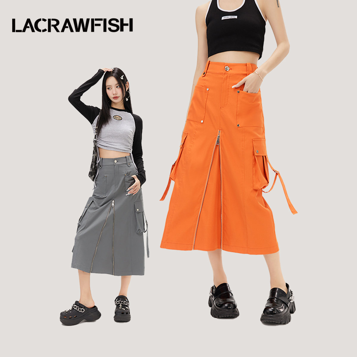 LACRAWFISH拉链开叉工装半裙