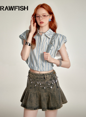 LA CRAWFISH韩系清甜感花苞袖抽褶短款蓝白条纹衬衫宽松显瘦上衣