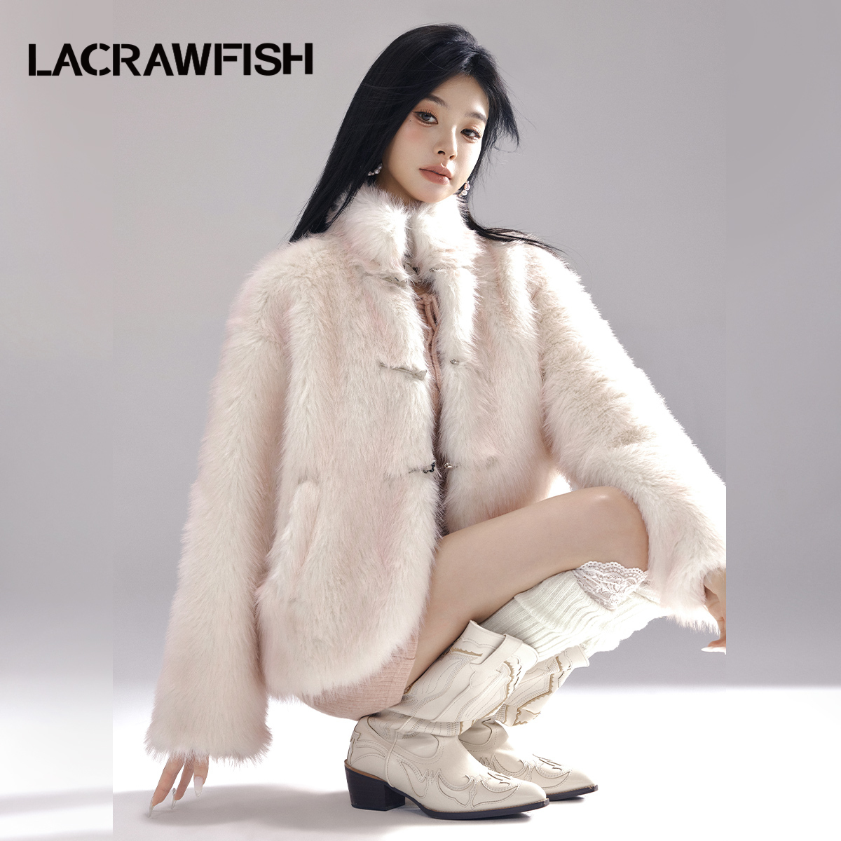 LA CRAWFISH2024冬季新款新国风蝴蝶结金属扣环保皮草仿貂毛外套