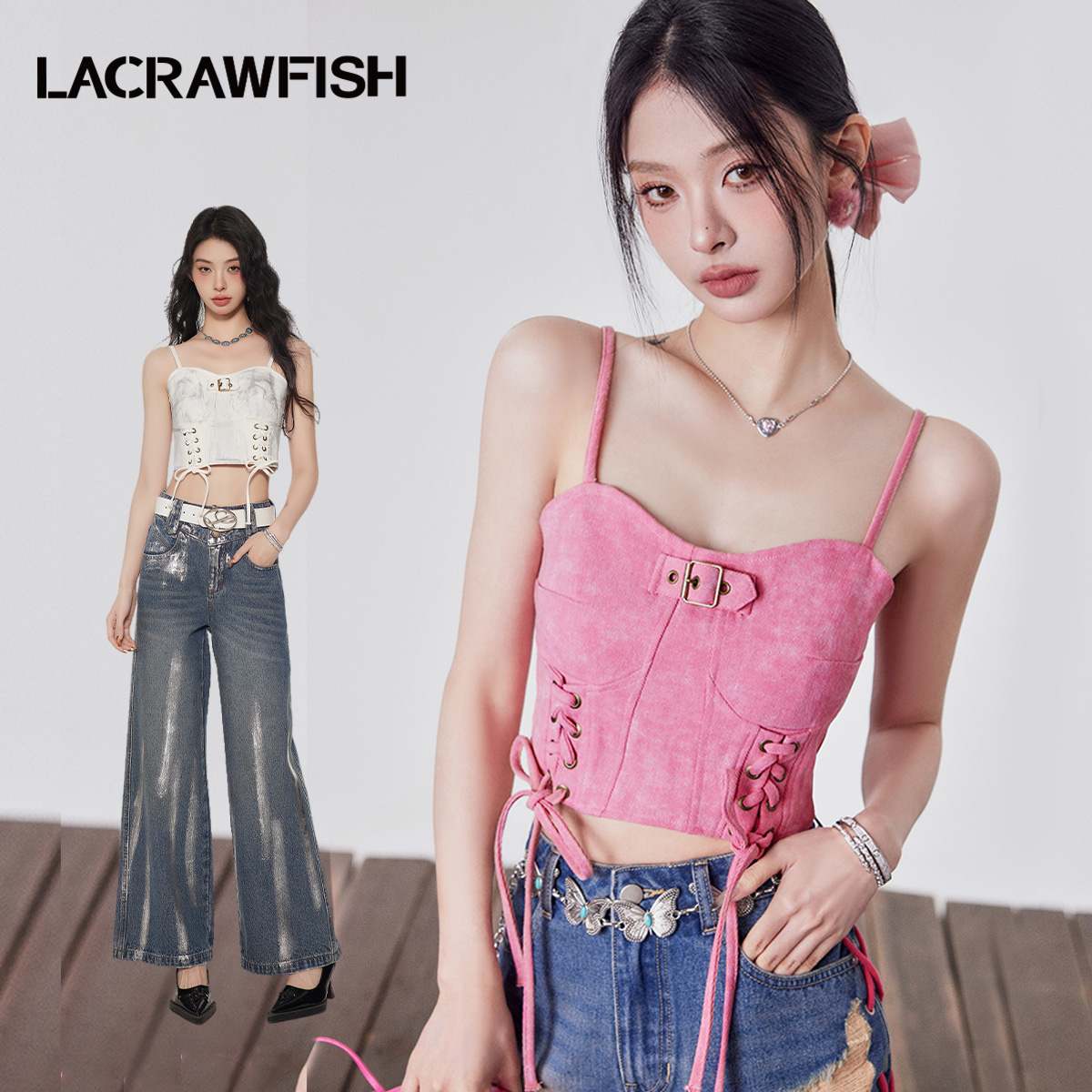 LA CRAWFISH甜心芭比银漆彩绘蜡染抽绳收腰鱼骨胸衣吊带背心上衣