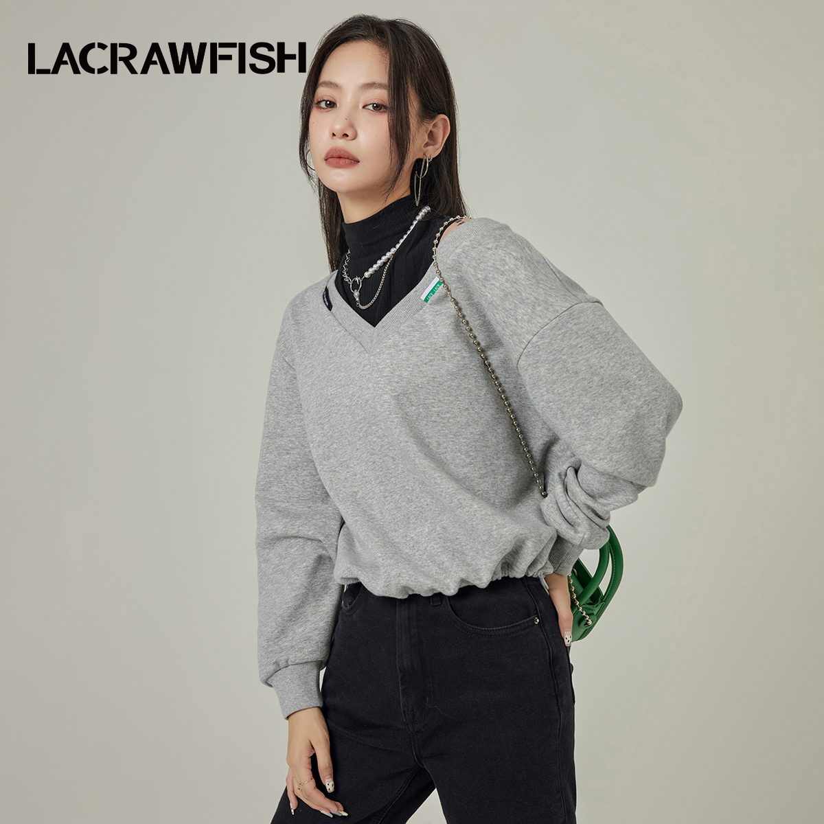 LA CRAWFISH美式复古宽松卫衣无袖高领针织背心两件套装上衣女