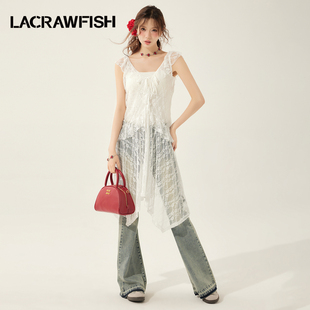 CRAWFISH白色蕾丝背心连衣裙女韩系叠穿荷叶边不规则飘逸纱裙