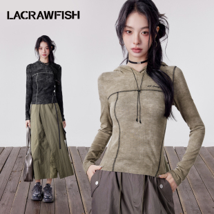 显瘦连帽针织衫 T恤修身 CRAWFISH美式 上衣女 辣妹线条撞色长袖