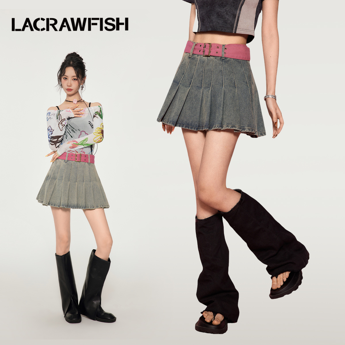 LACRAWFISH辣妹百褶牛仔短裙