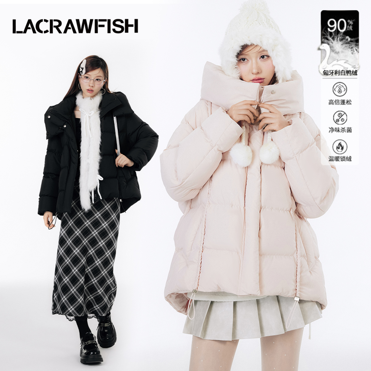 LA CRAWFISH2024冬季新款90白鸭绒防风保暖夹克龟背连帽羽绒服女