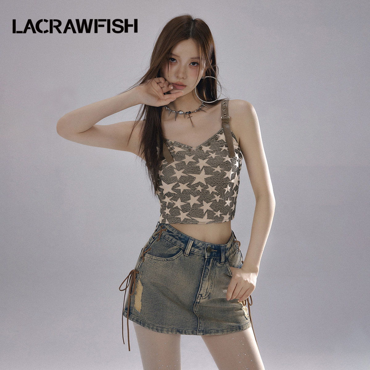 LACRAWFISH星星提花pu皮吊带