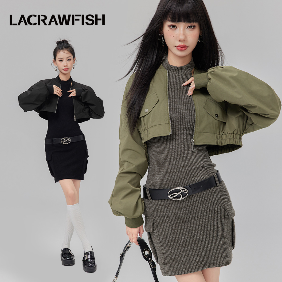 LA CRAWFISH美式复古工装风挂脖修身包臀连衣裙短款夹克外套套装