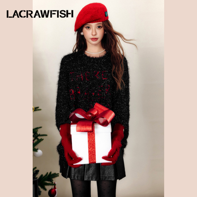 LA CRAWFISH2024冬季新款慵懒风宽松字母提花银丝细闪仿貂毛毛衣