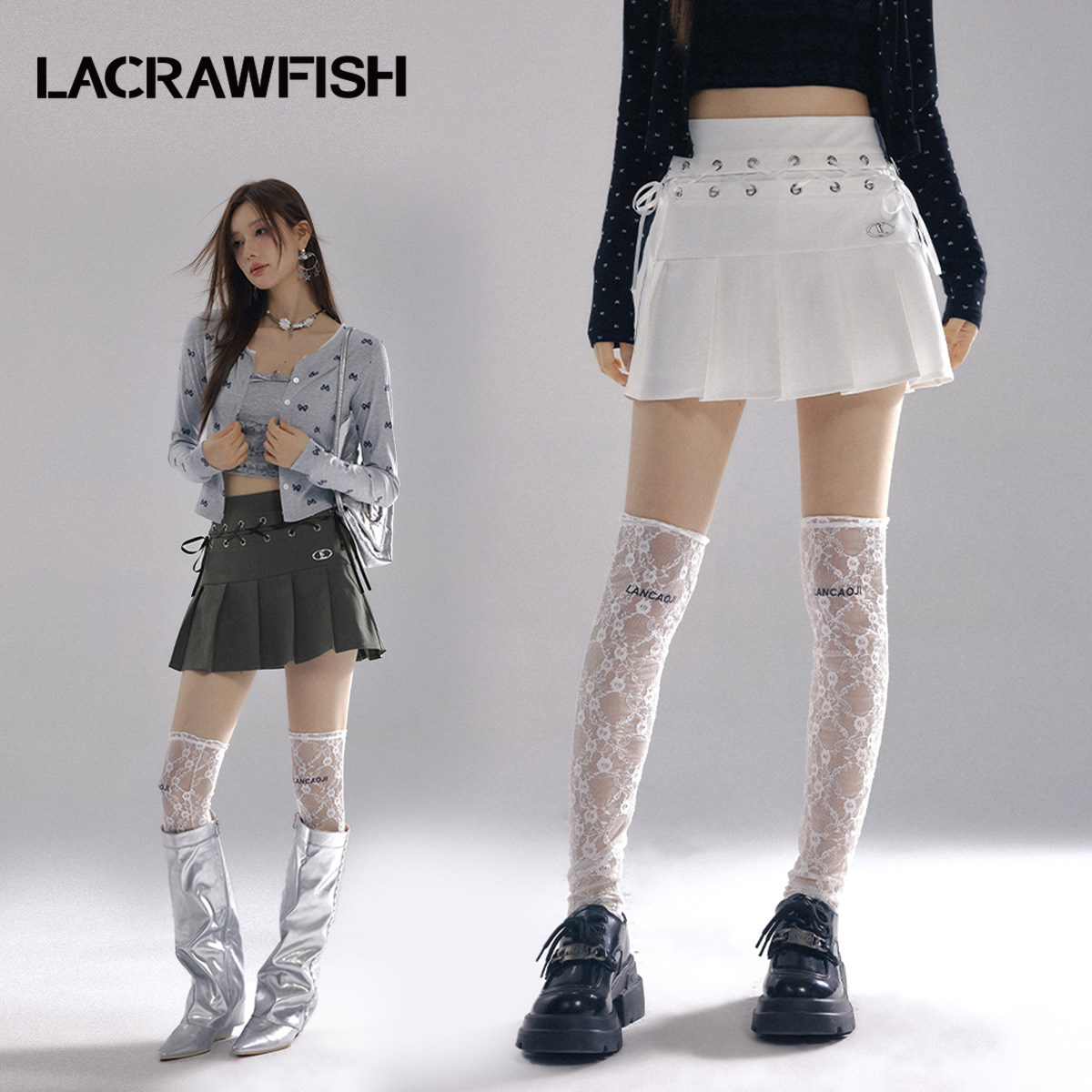 LACRAWFISH气眼丝带百褶短裙