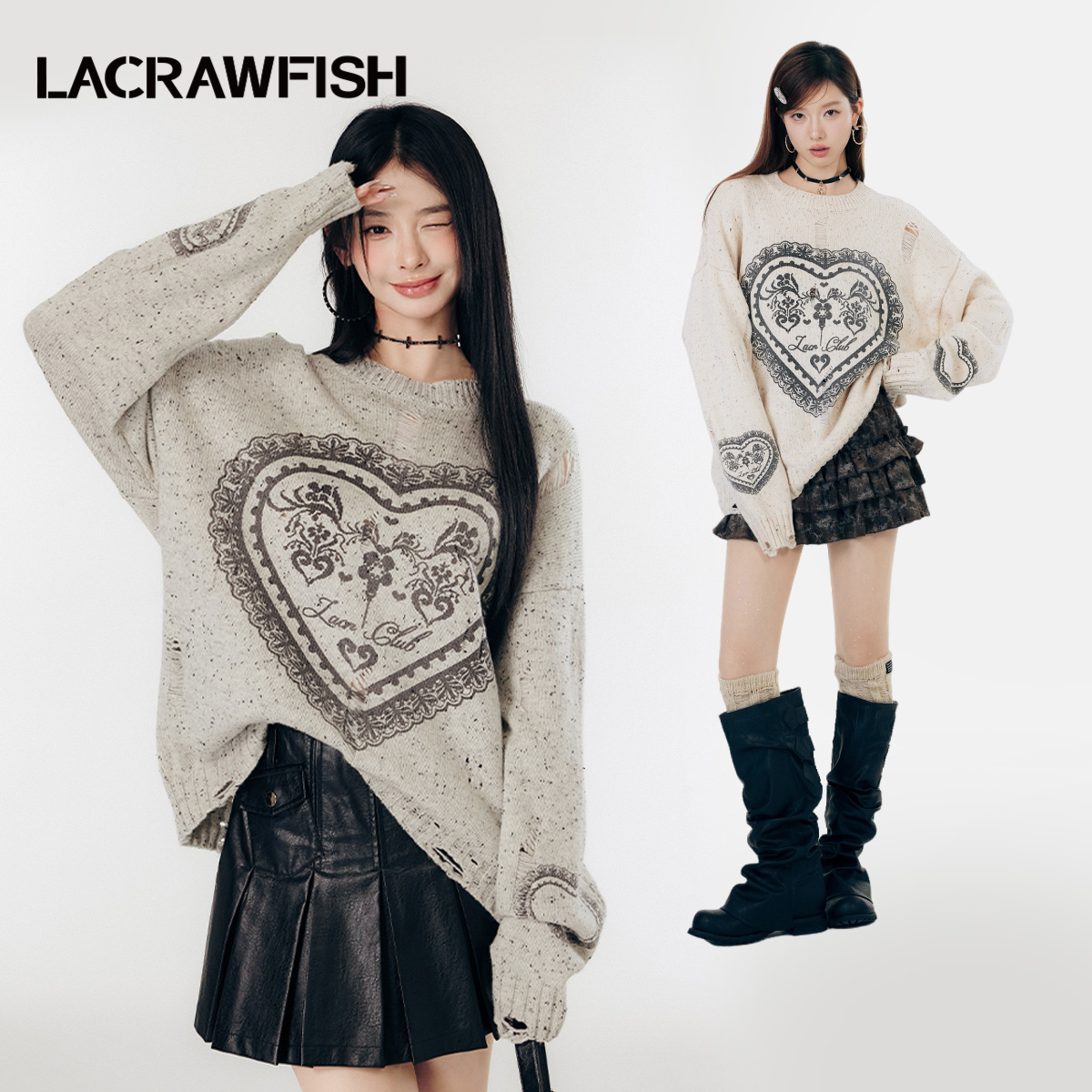 LA CRAWFISH毛衣女2024冬季新款复古爱心印花杂色破洞宽松上衣