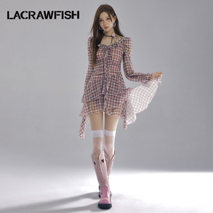 CRAWFISH柔美少女感雪纺不规则荷叶边一字领两穿格子连衣裙女