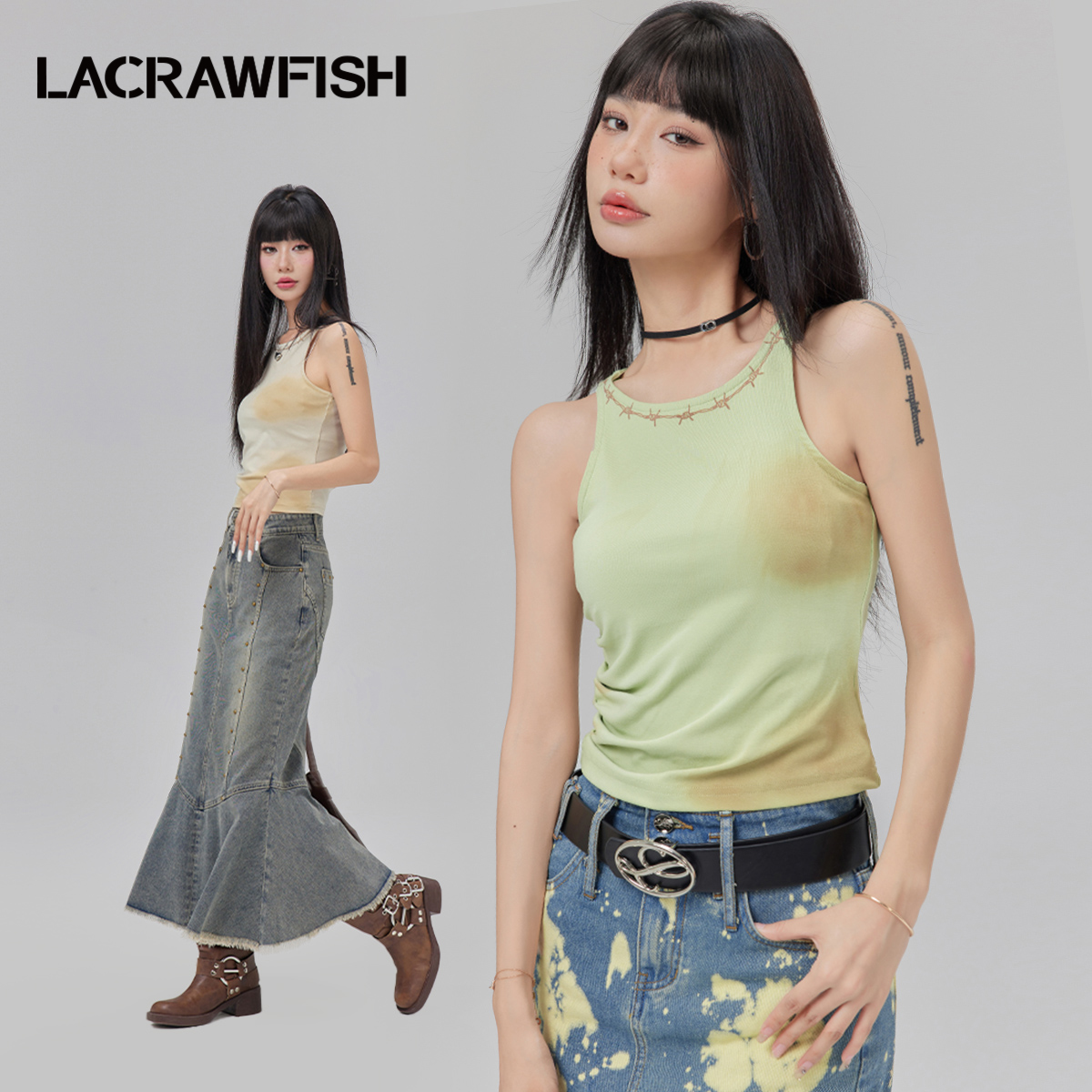 LA CRAWFISH美式复古街头做旧扎染荆棘印花T恤后背镂空背心上衣女 女装/女士精品 T恤 原图主图