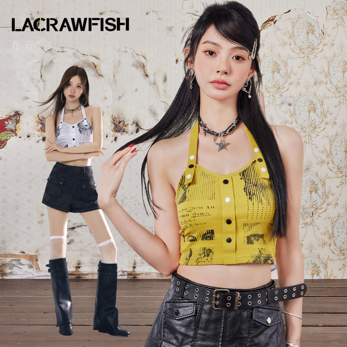 LACRAWFISH排扣印花挂脖背心