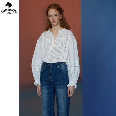 【瓦瓦妮莎】chrisoubydan欧阳丹2025春白色v领镂空法式系绳衬衫