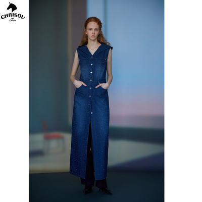 chrisoubydan欧阳丹2025春夏深蓝牛仔连帽牛仔连身裙【瓦瓦妮莎】
