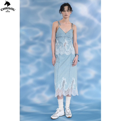chrisoubydan欧阳丹24秋季沙滩限定牛仔蕾丝花边拼接半裙瓦瓦妮莎