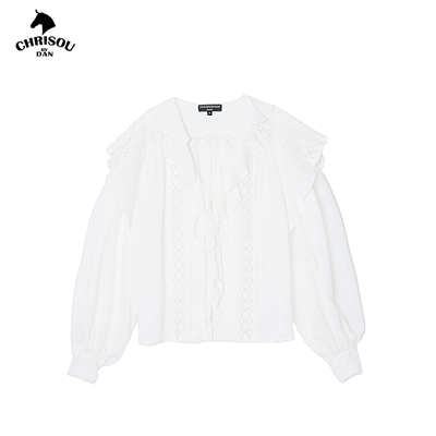 chrisoubydan欧阳丹2025春夏蕾丝花边装饰法式衬衫