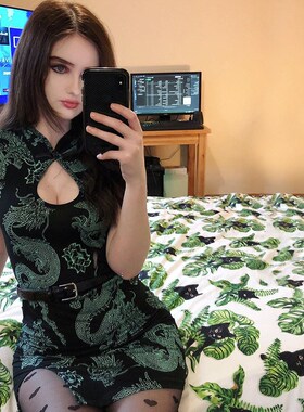 Fashion Dragon Print Short Sleeve Cheongsam Dress旗袍连衣裙