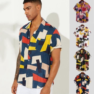 hawaiian shirt striped shirt cotton shirt beach wear 男短袖