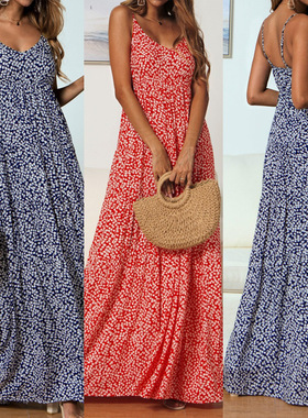 小碎花吊带V领连衣裙长裙Sexy floral Condole belt V-neck dress