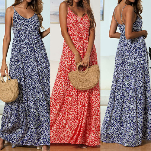小碎花吊带V领连衣裙长裙Sexy floral Condole belt V-neck dress