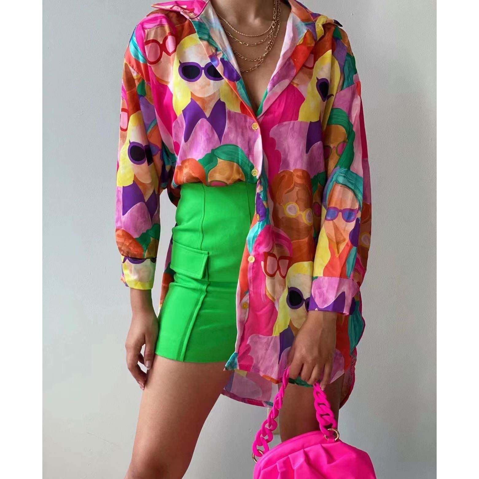 欧美风格时尚亚马逊跨境时尚印花中长款上衣衬衫宽松休闲女装衬衣