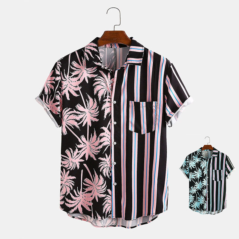 2021 summer men's color matching printed short sleeve sh