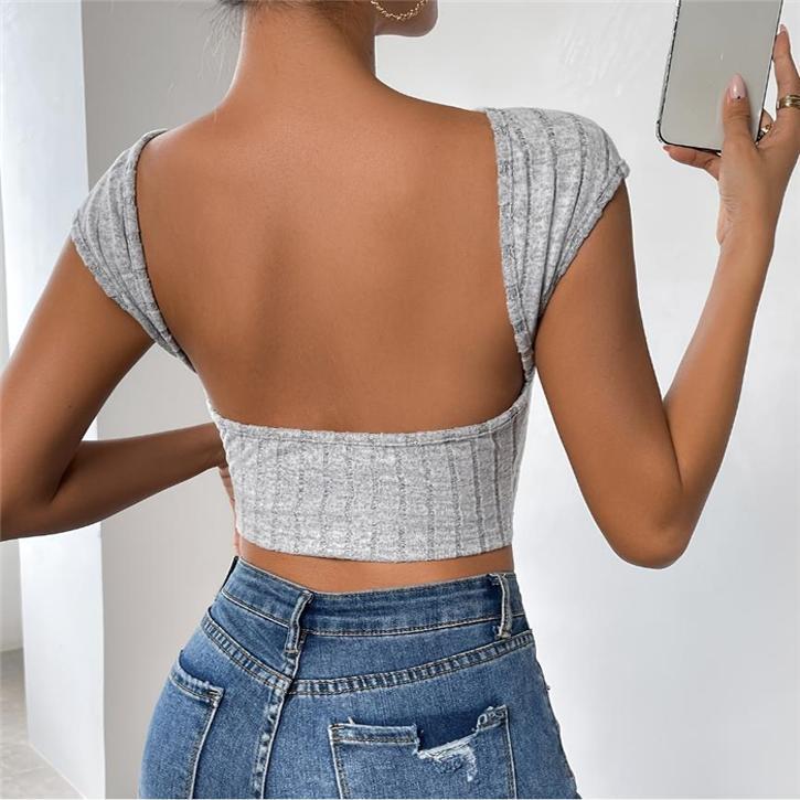 欧美性感修身露背短袖针织T恤上衣 Sexy Knit Crop Top Tee Women