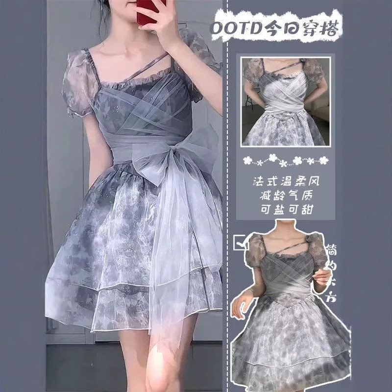 超仙公主蓬蓬裙法式甜美蝴蝶结绑带连衣裙女夏收腰细闪印花初恋裙