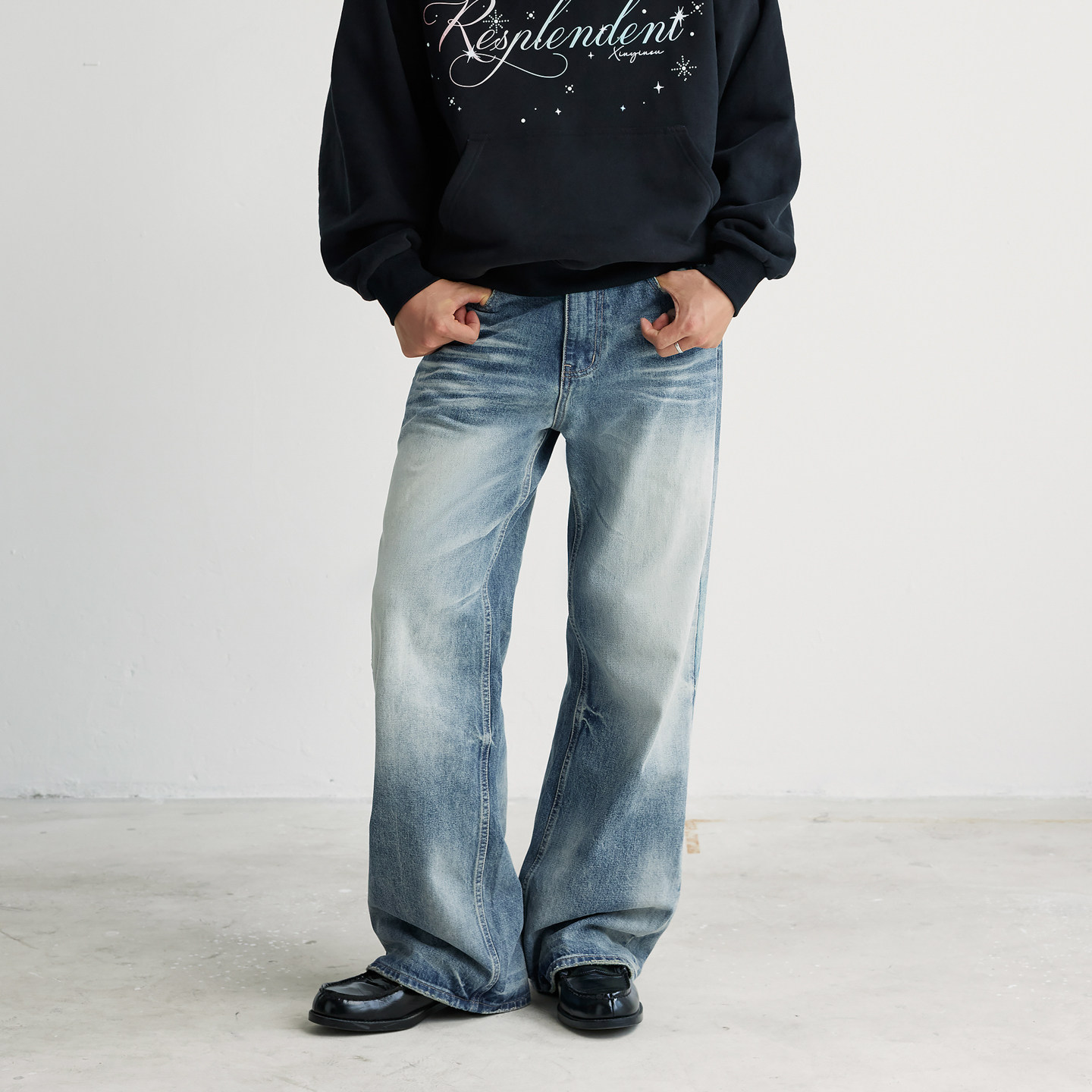 新因素新款猫须牛王水洗蓝牛仔裤男款美式复古做旧直筒宽松阔腿裤