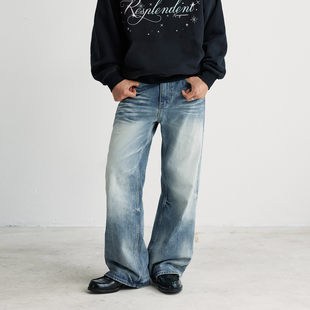 新因素新款猫须牛王水洗蓝牛仔裤男款美式复古做旧直筒宽松阔腿裤