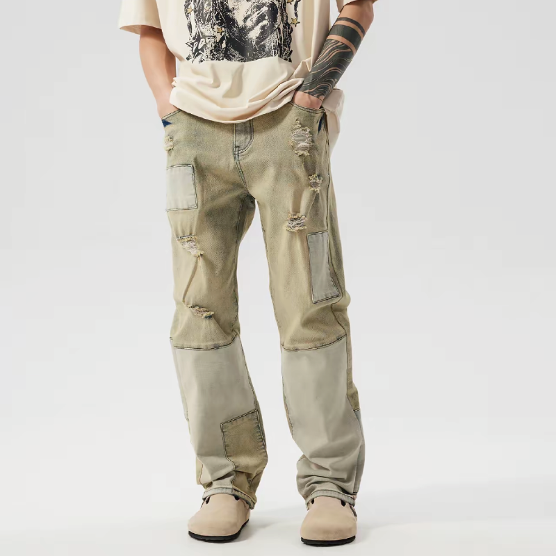 PilotDragon破洞补丁拼接牛仔裤