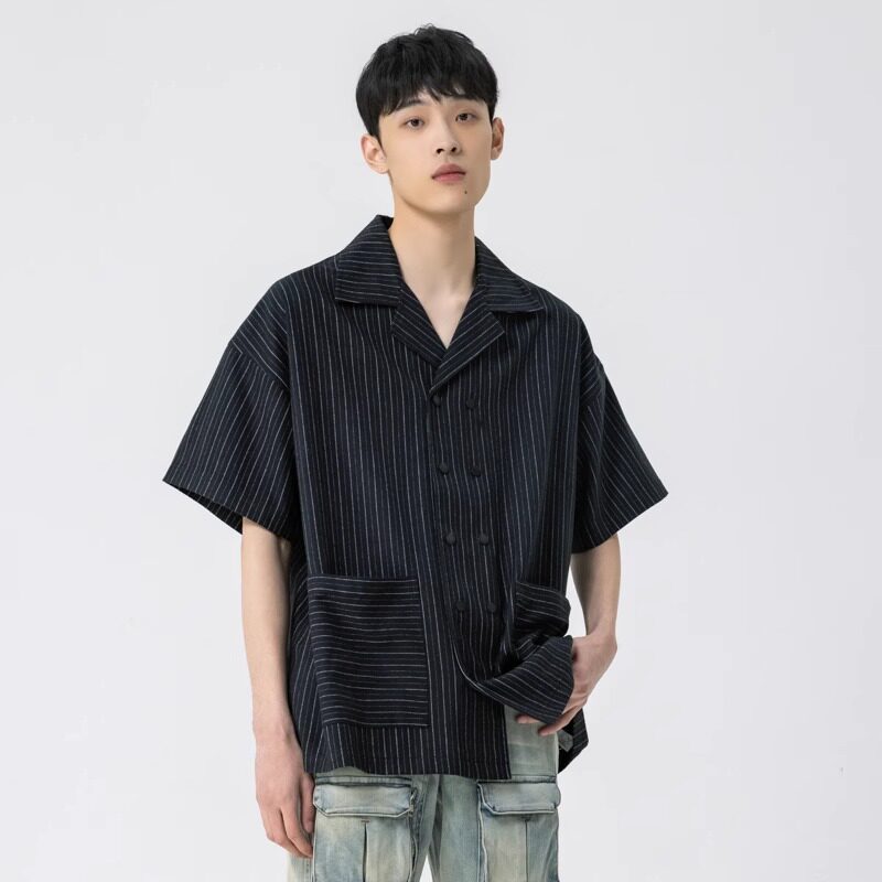 新因素夏季翻领条纹黑衬衫男宽松